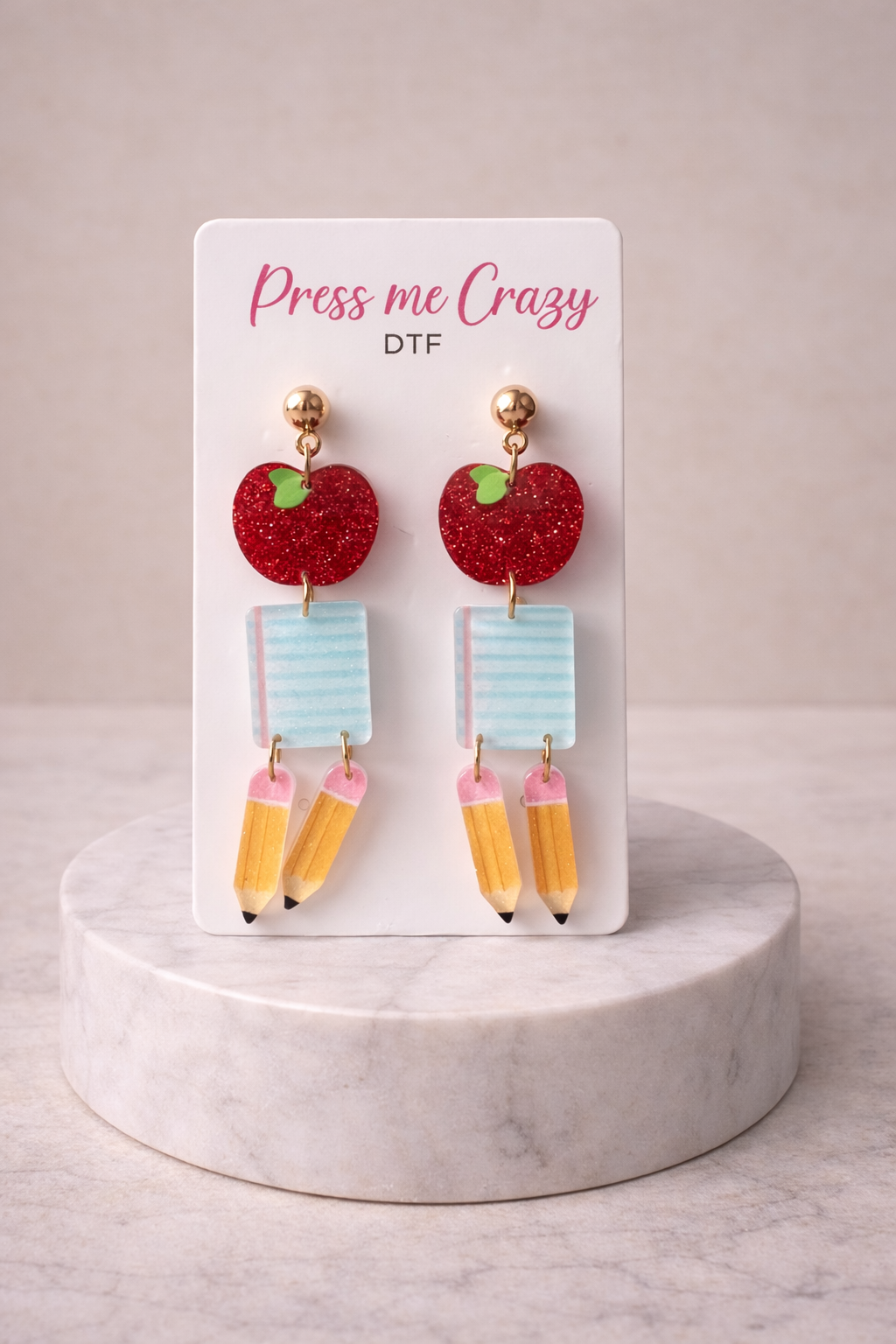 Apple, pencil & paper earrings